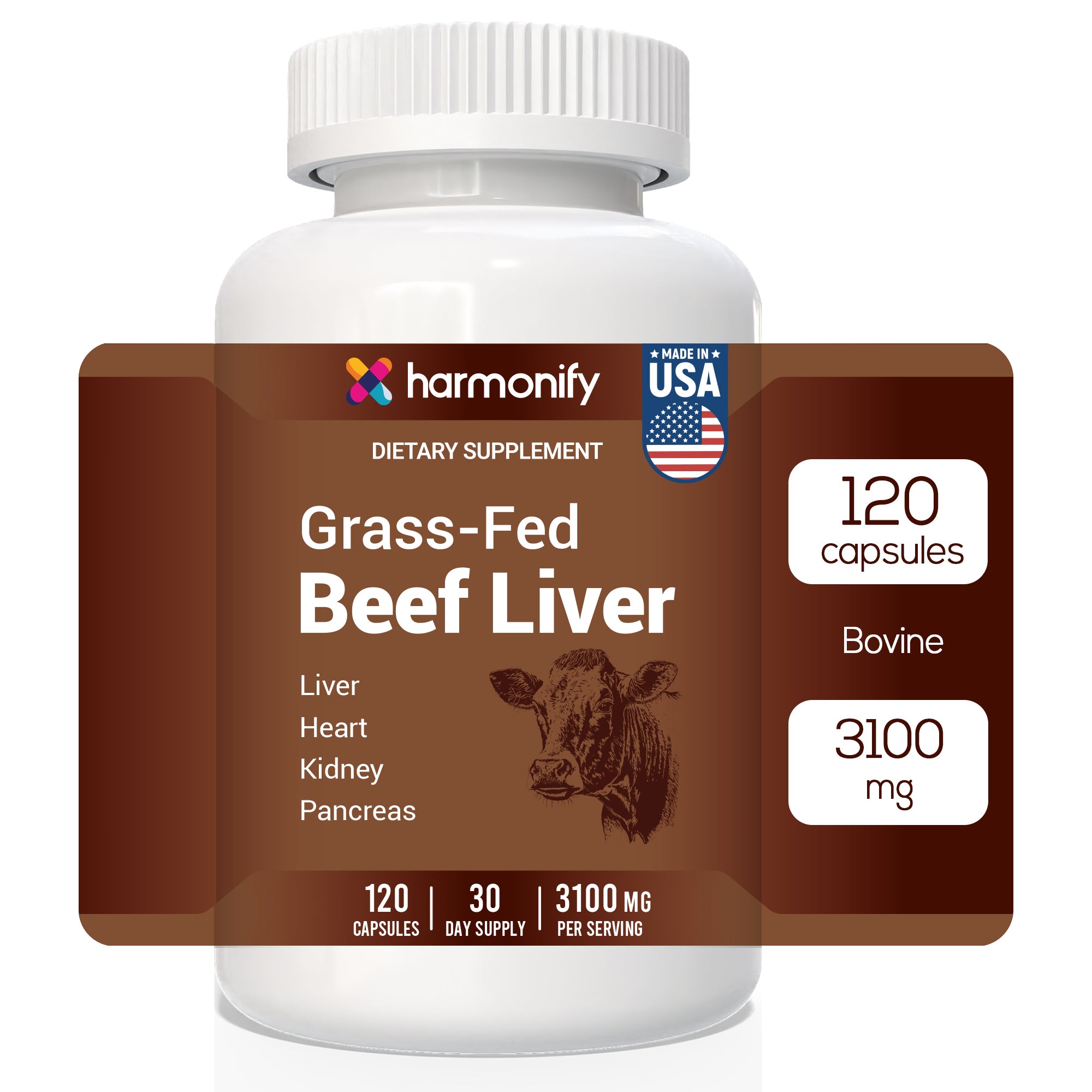 HARMONIFY Bovine Beef Liver Capsules 3100 mg Supplement Nutrient Grass-Fed Non GMO 120 Capsules